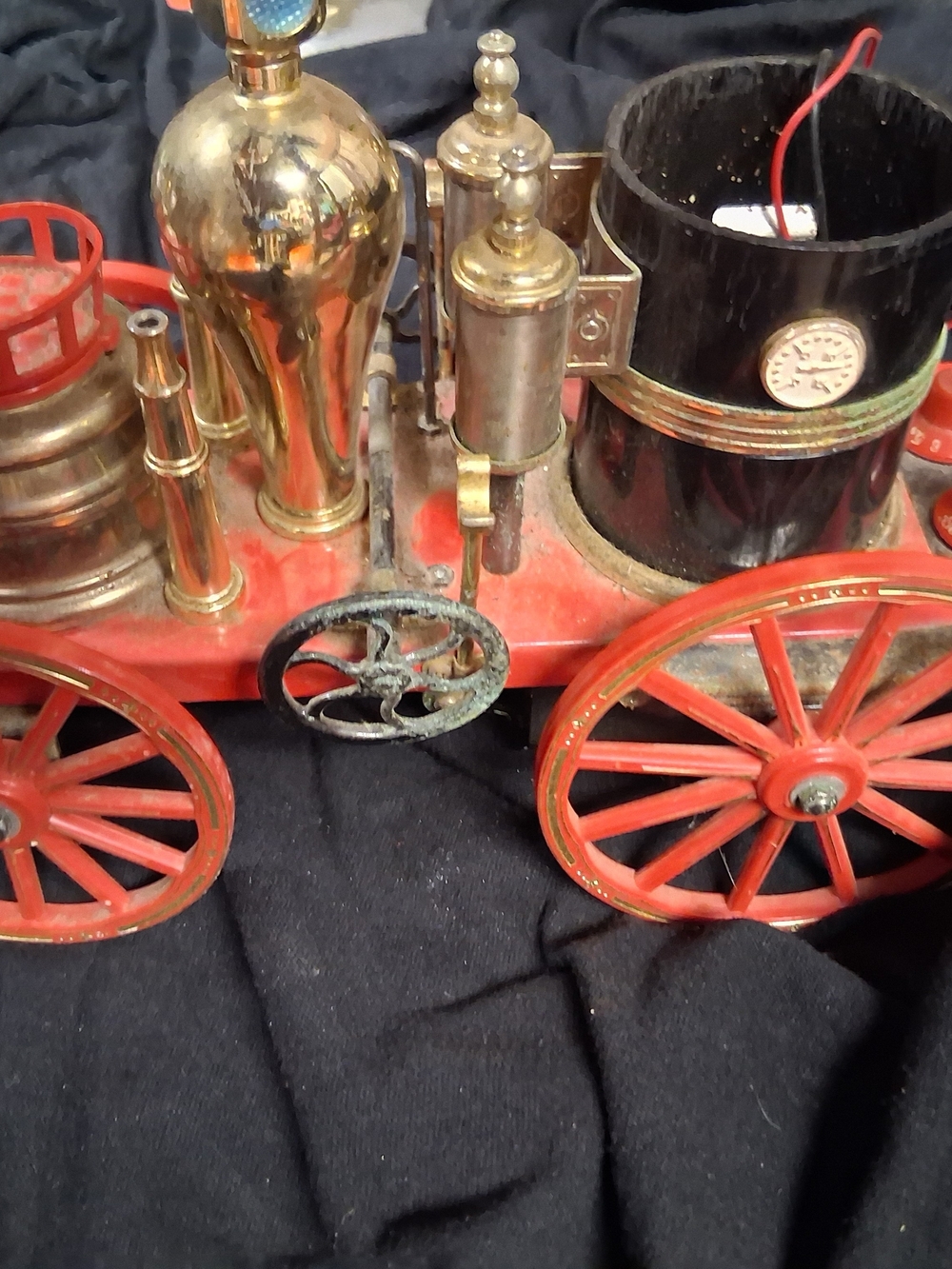 Vintage Red Toy Steam Fire Engine with Brass Accents
